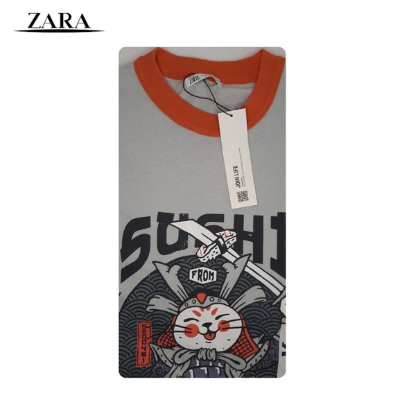 ZARA Men's SUSHI Print Knit Tee MEDIUM Samurai CAT T-SHIRT Grey Sword Cotton - Picture 4 of 8
